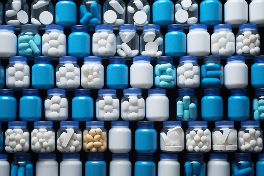 White and blue pills on a shelf at a pharmacy