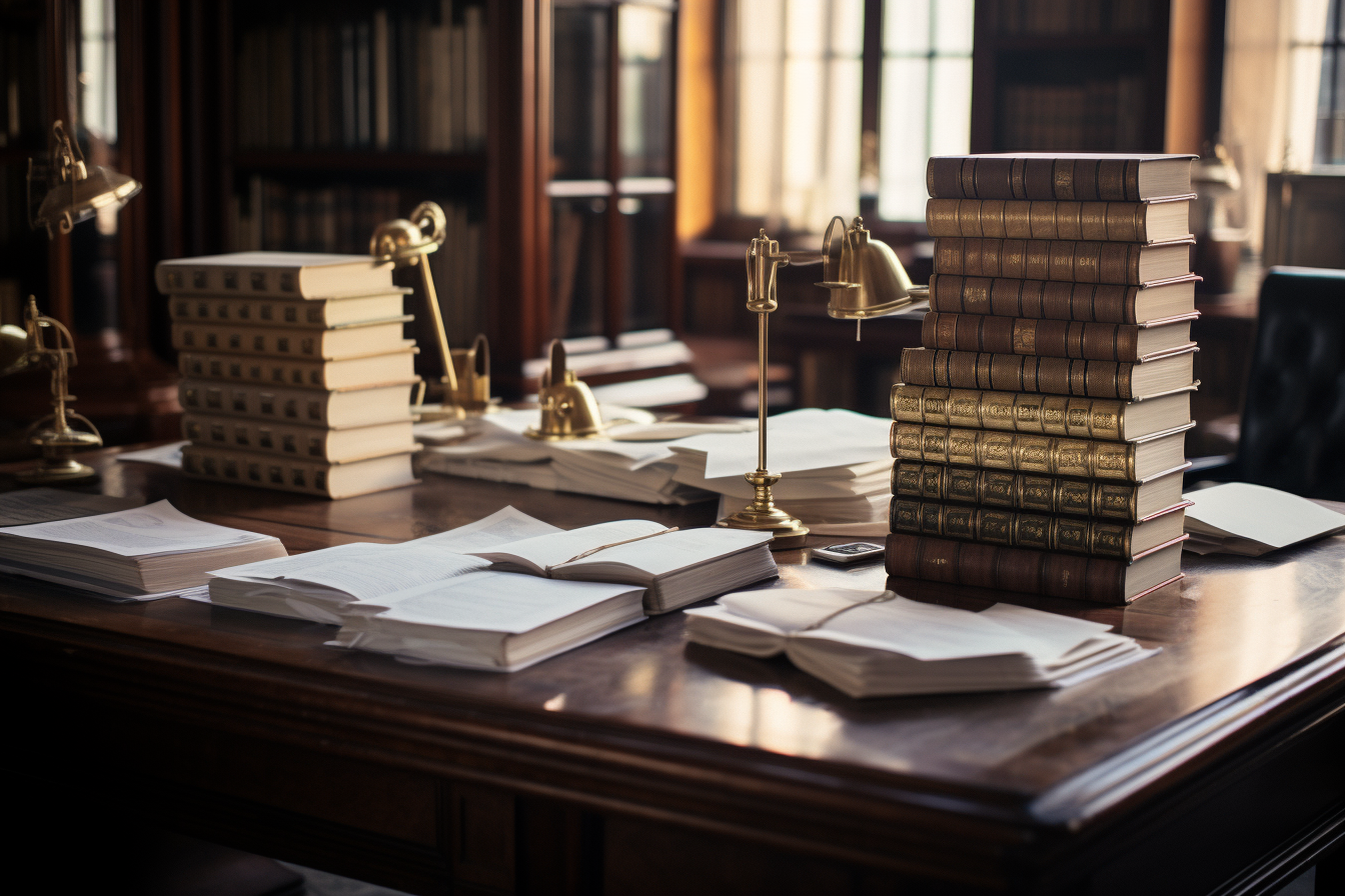 Library table with stacks of legal books and documents, emphasizing themes of recordkeeping and compliance in relation to Goldman Sachs' CFTC enforcement action.