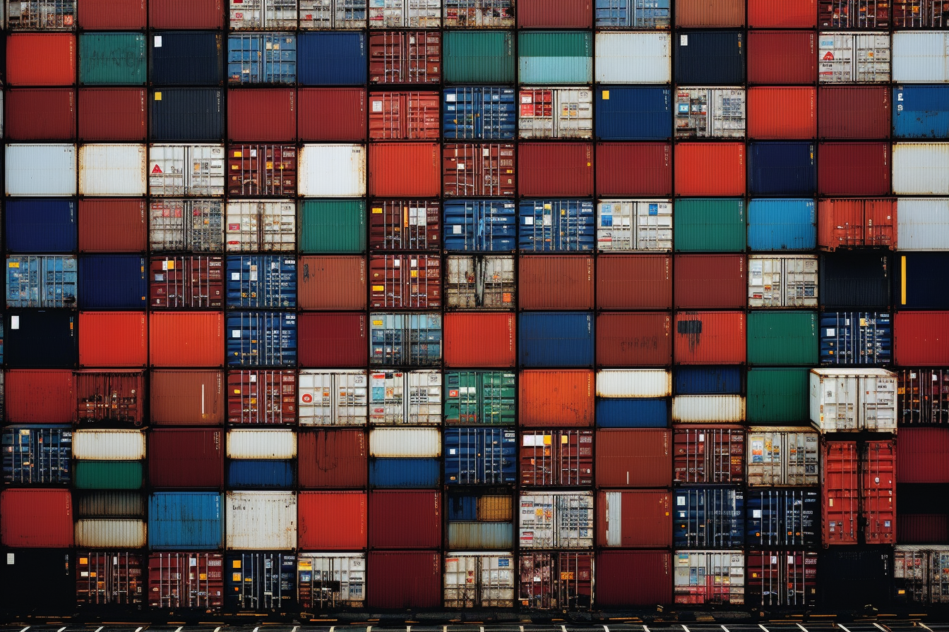 Colorful shipping containers stacked, representing international trade and customs processes related to the U.S. Government's lawsuit against International Vitamins Corporation for customs fraud.