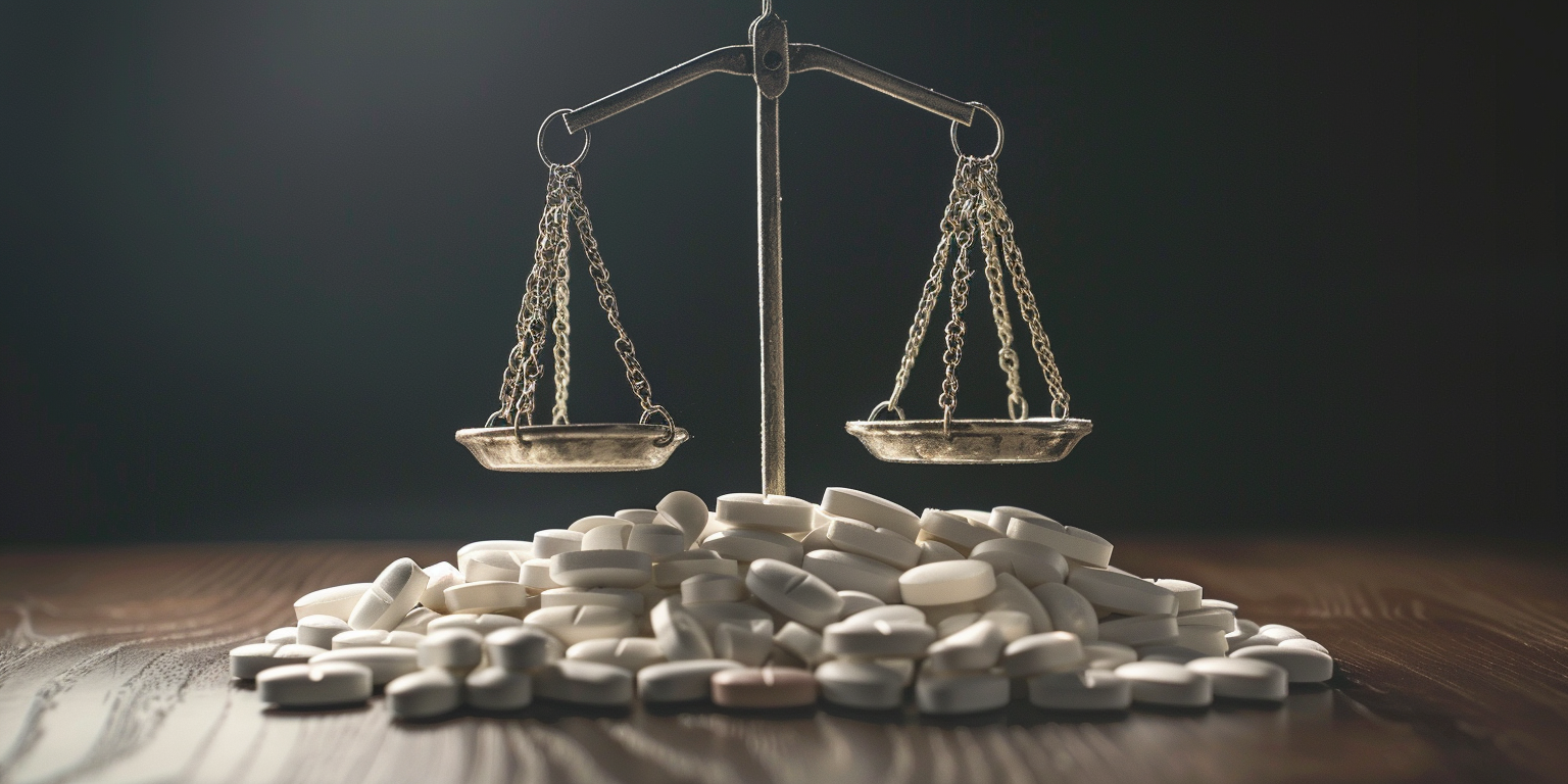 Scales of justice balanced above a pile of white pills, symbolizing the legal implications of opioid promotion and the accountability of pharmaceutical companies like Endo Pharmaceuticals in the opioid crisis.