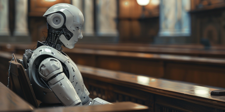 Investment Advisors Pay $400,000 in Civil Penalties to Settle AI Fraud Case 5 Robot sitting in a courtroom, representation of AI Fraud