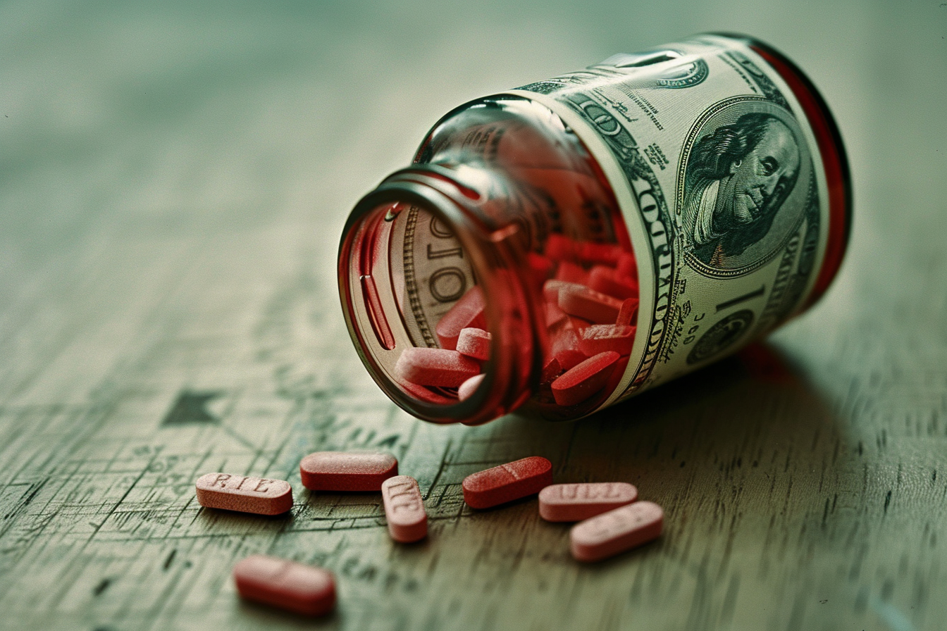 Prescription pill bottle wrapped in money, representing prescription drug fraud