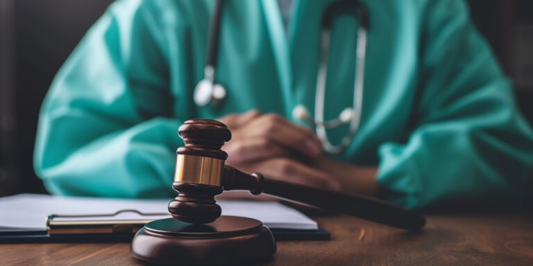 $27 Million Settlement for Violations of the False Claims Act in Healthcare 2 a gavel on a table, doctor in the background, representing False Claims Act in Healthcare