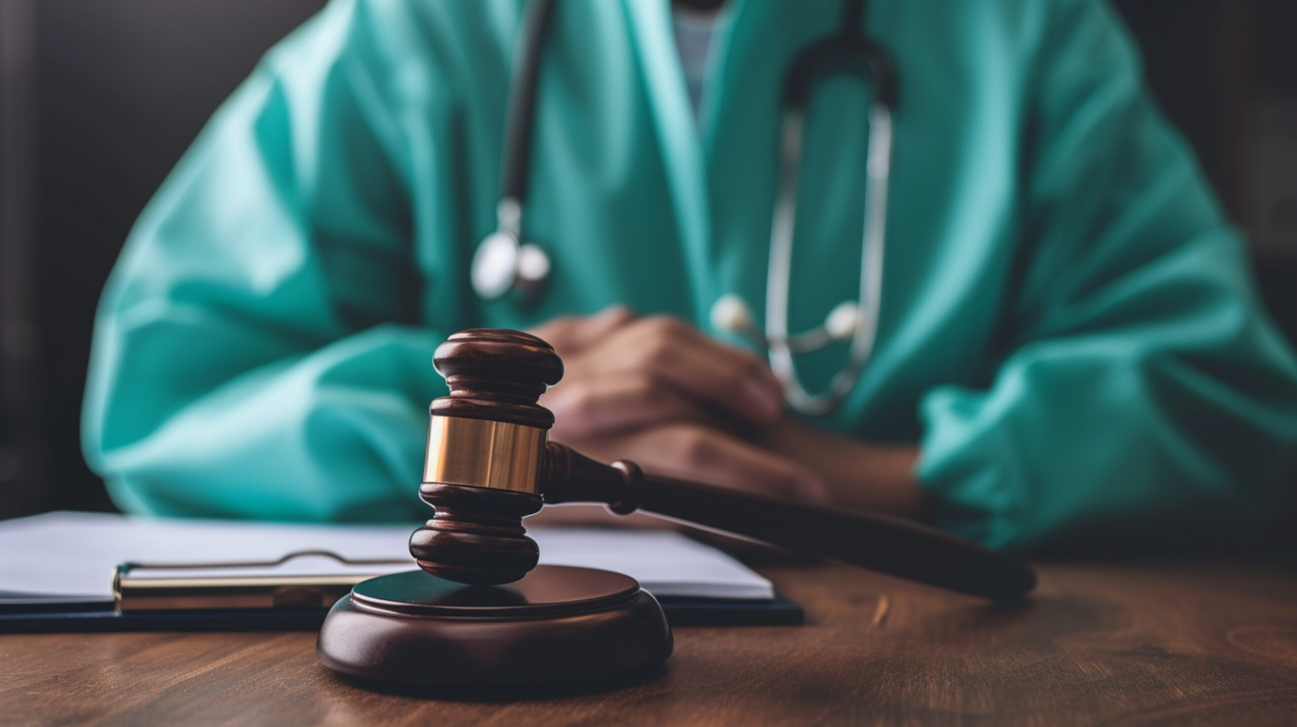 Gavel on wooden desk with medical professional in teal scrubs, symbolizing healthcare fraud and legal accountability in the context of the False Claims Act.