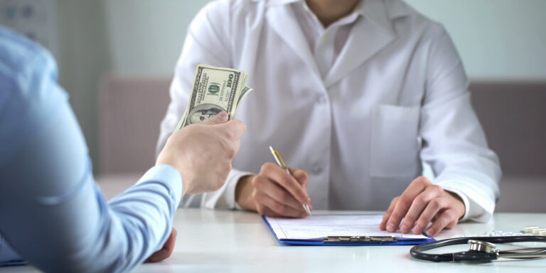 Innovasis Whistleblower Exposes Healthcare Kickback Scheme 13 Healthcare Kickback Scheme shown with Patient holding money, paying doctor for treatment, private clinic, insurance