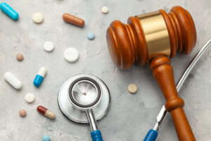 Whistleblower News 25 Judge gavel and stethoscope with pills. Exposing Fraud in Specialty Pharmacies and PBMs