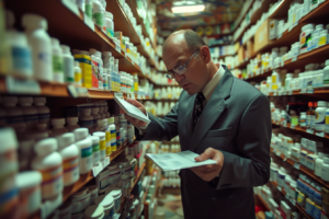 Whistleblower Resources 3 a man in a suit reading a book in a pharmacy, representing fraud in specialty pharmacies