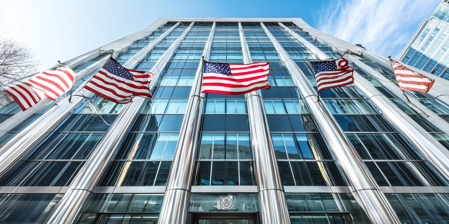 The Appeals Process in SOX Whistleblower Retaliation Cases: A Comprehensive Guide 3 Modern office building with multiple American flags, symbolizing corporate transparency and legal rights related to whistleblower protection under the Sarbanes-Oxley Act.